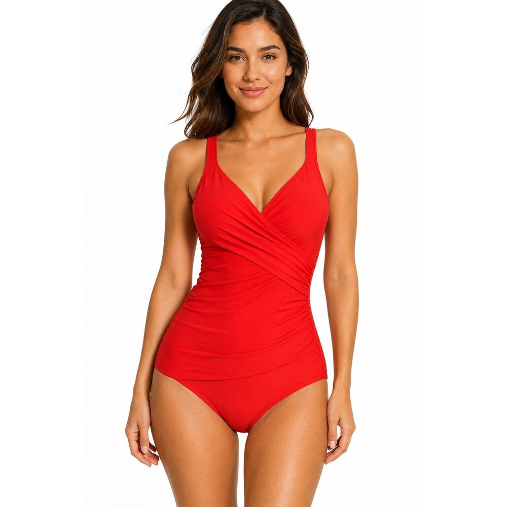 Jantzen Red Ruched Faux Wrap One Piece Swimsuit V Neck Low Back Size 12 Padded